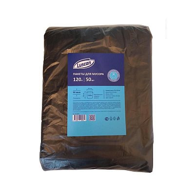 Мешки для мусора на 120 л Luscan черные (ПВД, 50 мкм, в пачке 50 шт, 70×110 см)