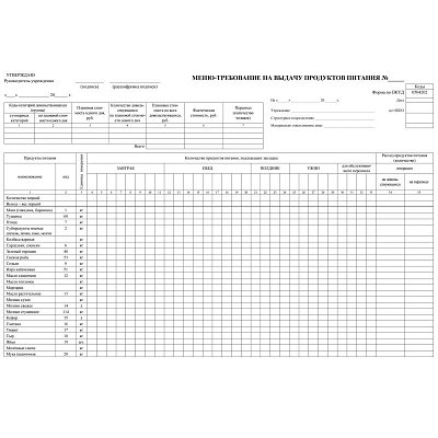 Бланк Меню-требование на выдачу продуктов питания офсет, КЖ-411, 100шт/уп