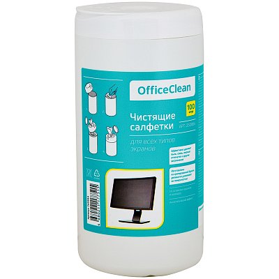 Салфетки чистящие влажные OfficeClean, для экранов, в тубе, 100шт. 