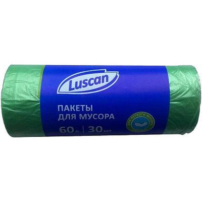 Мешки для мусора на 60 л Luscan зеленые (ПНД, 10 мкм, в рулоне 30 шт, 58×68 см)