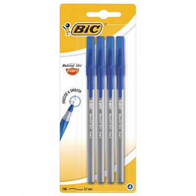 Ручки шариковые с грипом BIC «Round Stic Exact», НАБОР 4 шт., СИНИЕ, линия письма 0.32 мм, блистер