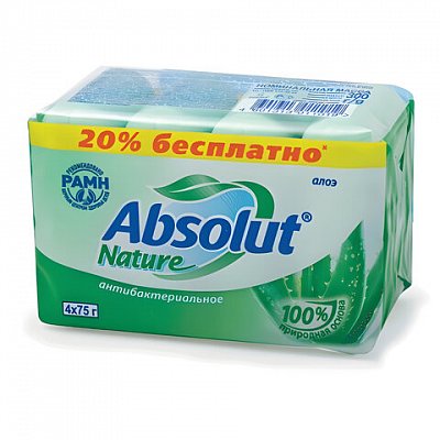 Мыло туалетное 300 г, ABSOLUT (Абсолют), комплект 4 шт. х 75 г, «Алоэ», антибактериальное