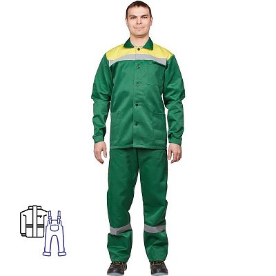 Костюм рабочий летний мужской л02-КПК с СОП зеленый/желтый (размер 44-46, рост 182-188)