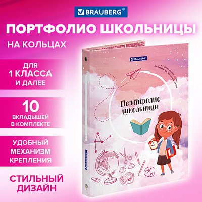 Папка-портфолио школьника «ОТЛИЧНИЦА», 4 кольца, 20 файлов, 10 вкладышей, 7БЦ матовая, BRAUBERG