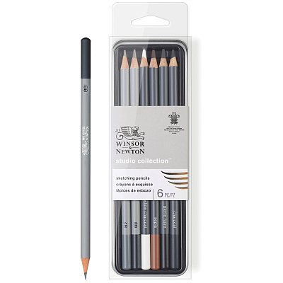 Набор чернографитных карандашей Winsor&Newton, (4В, 8В, белый мел, угольный, черный) в метал пенале