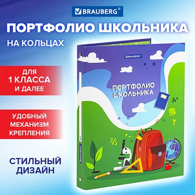 Папка-портфолио школьника/дошкольника «ШКОЛЬНАЯ ИСТОРИЯ», 4 кольца, обложка твёрдая матовая, BRAUBERG