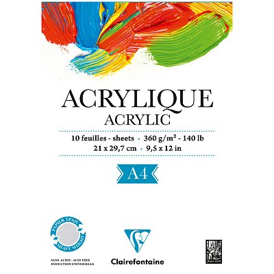 Альбом для акрила 10л., А4, на склейке Clairefontaine «Acrylic», 360г/м2